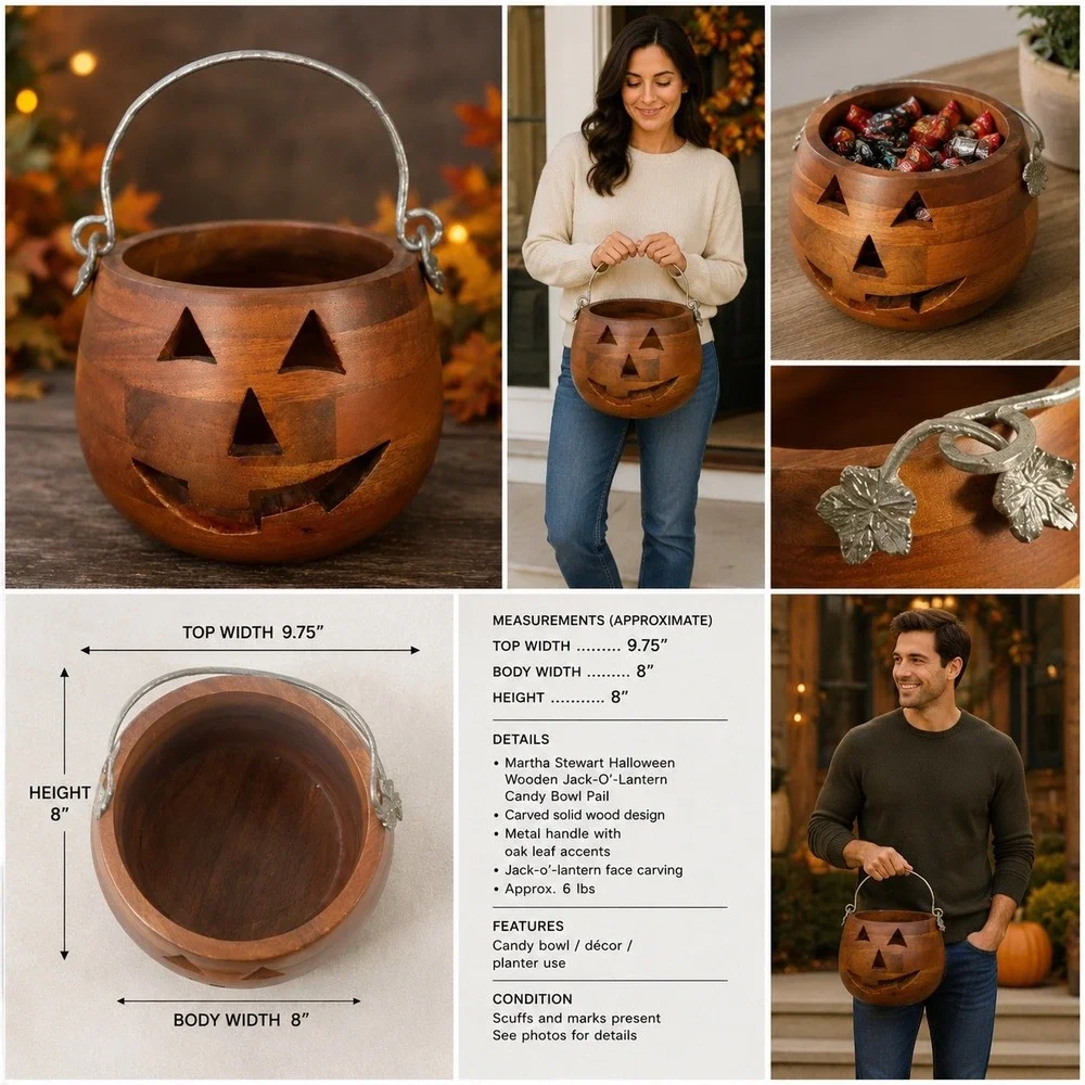 Martha Stewart Wooden Jack O Lantern Candy Bowl Halloween Pumpkin Bucket